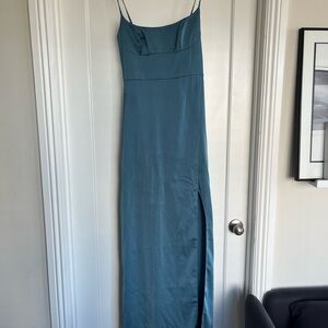 Azazie A-Line Side Slit Satin Floor Length Gown, blue (Bermuda), size 4A